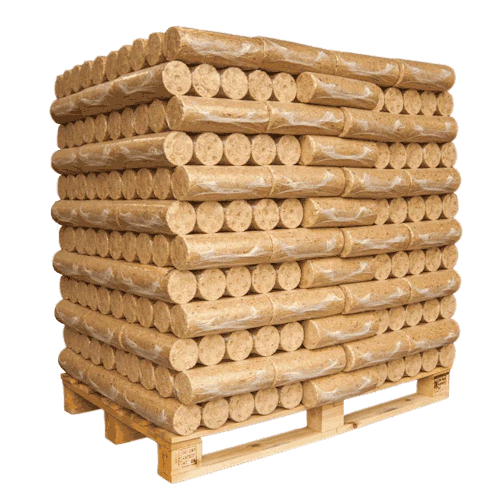 Palette met gecomprimeerde daghoutblokken Piveteau